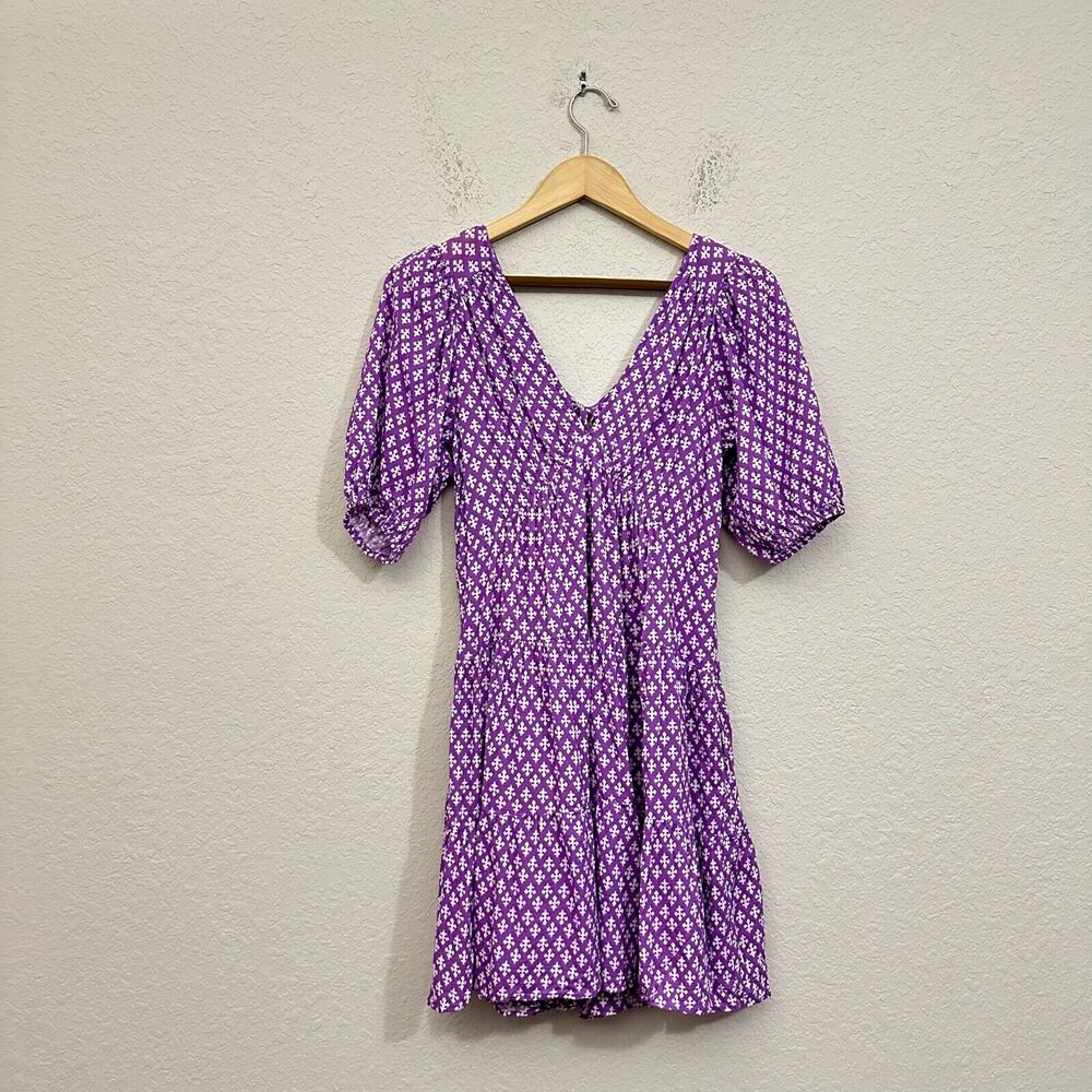 NWOT XIRENA Puff-Sleeve Nissa Babydoll Mini Dress in Purple Clover Print